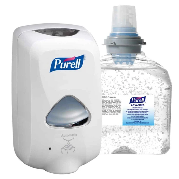 pachet-dispenser-dezinfectant-purell-tfx-1200ml Dozator cu senzor + rezerva gel dezinfectant maini Gojo Purell Advanced TFX, 1200 ml