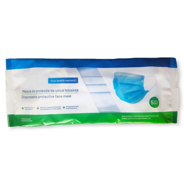 Masti chirurgicale 3 pliuri, 5 masti / pachet, certificate SR EN 14683, filtrare BFE 98%