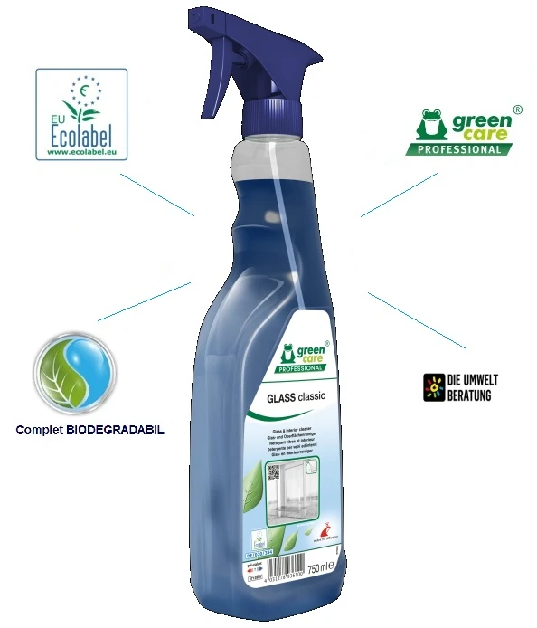 Detergent ecologic, GLASS classic, Green Care,  pentru sticla si oglinzi, nu lasa urme, 5l, certificat ECOLABEL, complet biodegradabil