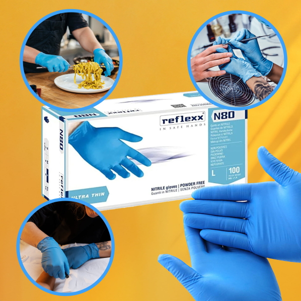 Manusi nitril albastre nepudrate, Reflexx N80 0.06 grosime, extra rezistente, 24cm lungime, 100 manusi / cutie