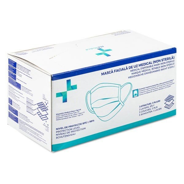 masti-chirurgicale-3-straturi-certificate-bfe-98%-albe Masti chirurgicale Tip IIR, certificate EN 14863, avizate ANDMR, filtrare BFE 98%, 50 masti/cutie, albe