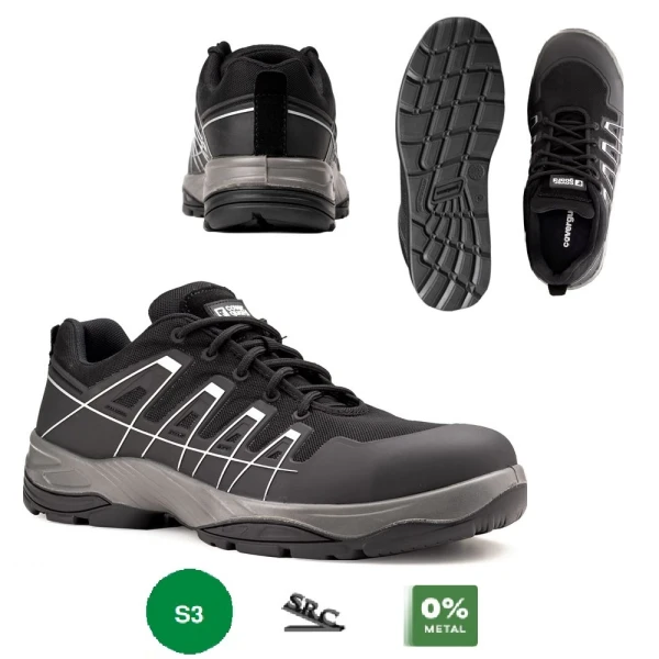 Pantofi de protectie usori S3 SRC SCHORL, negri, cu bombeu si lamela anti-perforatie din compozit, dungi reflectorizante, talpa Nitril-PU rezistenta la uleiuri