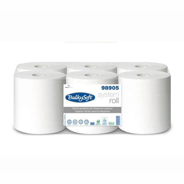 Rola prosop de hartie autocut BULKYSOFT SYSTEM 98905, 2 straturi, alba, 200m, 6 role / bax, certificare PEFC, ECOLABEL, Food Contact