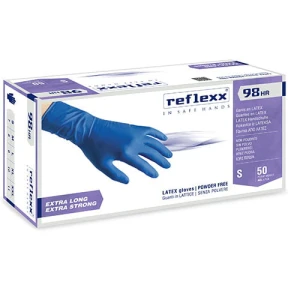 Manusi latex albastru R98, nepudrate, 0.33mm, lungime 30cm, 50 bucati/cutie