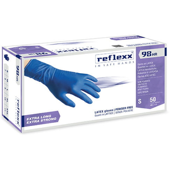 manusi_latex_r98_extralong_reflexx_r98 Manusi latex albastru R98, nepudrate, 0.33mm, lungime 30cm, 50 bucati/cutie