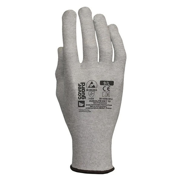 Manusi de protectie ESD neimersate, EUROLITE EST70, gri, din poliester si fibra de carbon, certificate EN 16350:2014, Coverguard