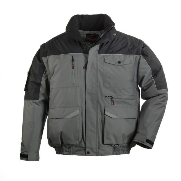 Jacheta RIPSTOP 2/1, geaca cu maneci detasabile, gri/negru, rezistenta la rupere, dungi decorative reflectorizante, protectie impotriva umezelii, frigului si vantului
