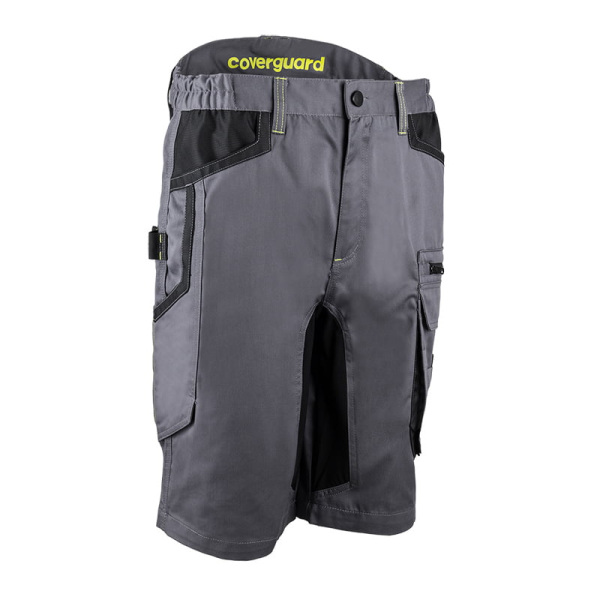 Pantaloni de lucru scurti, BARU, gri, material rezistent Twill, zone de tensiune elastice, spate inaltat, intarituri Oxford 600D, buzunare multiple