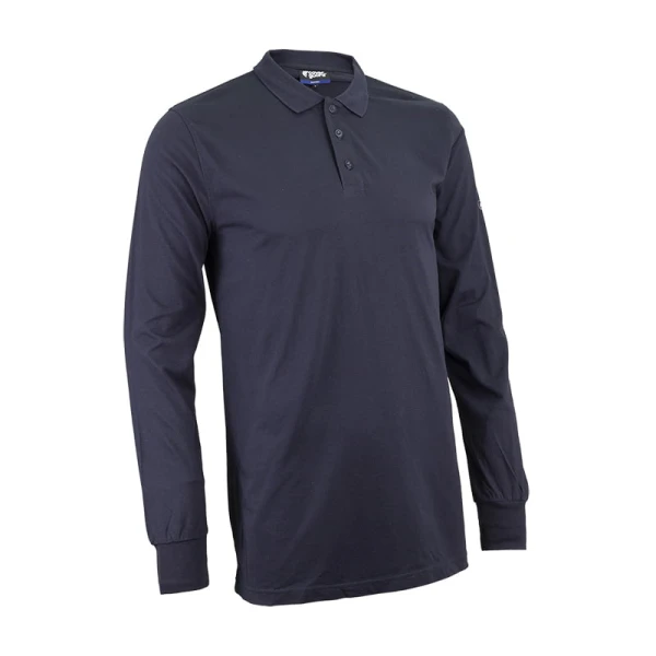 Tricou Polo ignifug, antistatic, cu maneca lunga, albastru inchis, 60% modacrilic, 39% bumbac, 1% fibre antistatice, 180 g/m², UPF50, EN ISO 11612:2015, EN1149-5:2018