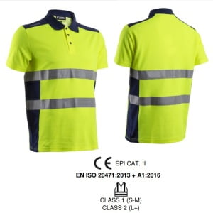 Tricou de lucru Hi-Viz, tip Polo, cu maneca scurta, OKI, galben/bleumarin, 55% bumbac , 45% poliester, 150g/m², anti UV, UPF 35+, Coverguard