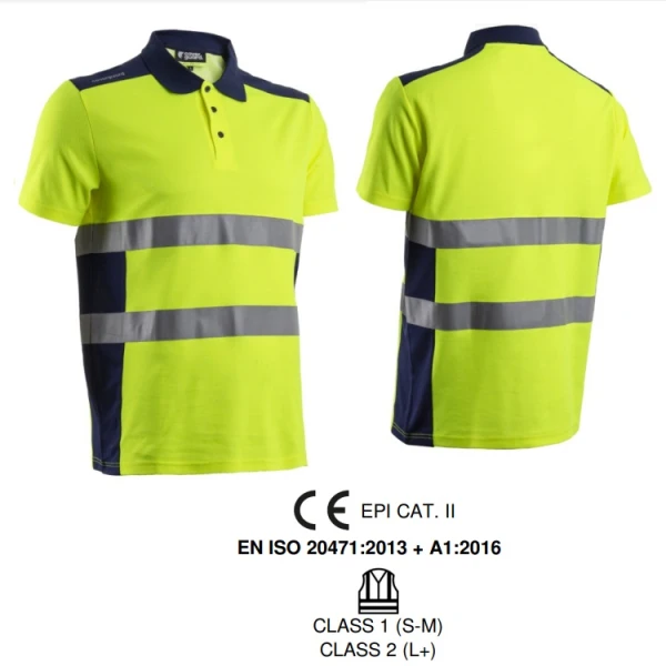 CG5OKI160_Tricou de lucru Hi-Viz, tip Polo, cu maneca scurta, OKI, galben_bleumarin, anti UV, UPF 35+, Coverguard_1 Tricou de lucru Hi-Viz, tip Polo, cu maneca scurta, OKI, galben/bleumarin, 55% bumbac , 45% poliester, 150g/m², anti UV, UPF 35+, Coverguard