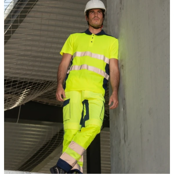 Tricou de lucru Hi-Viz, tip Polo, cu maneca scurta, OKI, galben/bleumarin, 55% bumbac , 45% poliester, 150g/m², anti UV, UPF 35+, Coverguard