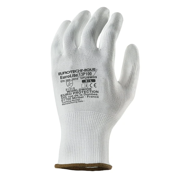 Manusi de protectie Eurolite 13P100, albe,  din poliester, imersate in PU (poliuretan) pe palma cu dexteritate, aderenta si precizie ridicata