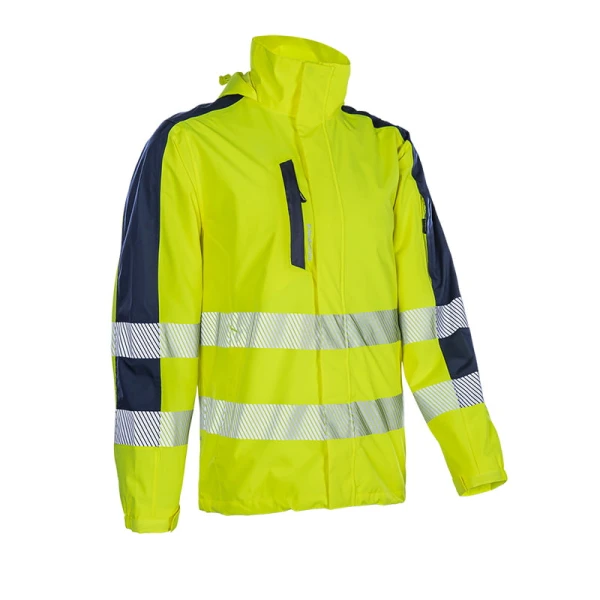 Jacheta impermeabila HI-Viz, pentru ploaie si vant, Hotaru, vizibilitate ridicata, galben fluorescent-albastru, benzi reflectorizante, impermeabilitate 8000 mm, respirabilitate 5000 g/m²/24h