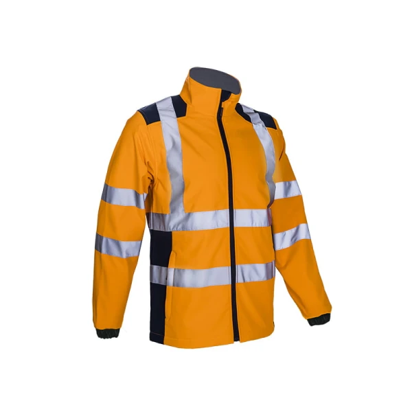 Jacheta impermeabila HI-Viz, de ploaie si vant, Kanpa, portocaliu HV-albastru, Softshell in 3 straturi, benzi reflectorizante, impermeabilitate 8000 mm, respirabilitate 3000 g/m²/24h