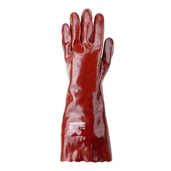 Manusi de protectie chimica, imersate in PVC bordo, maneca lunga 40 cm EUROCHEM 3669, rezistente la acizi, uleiuri si baze, protectie impotriva micro-organismelor