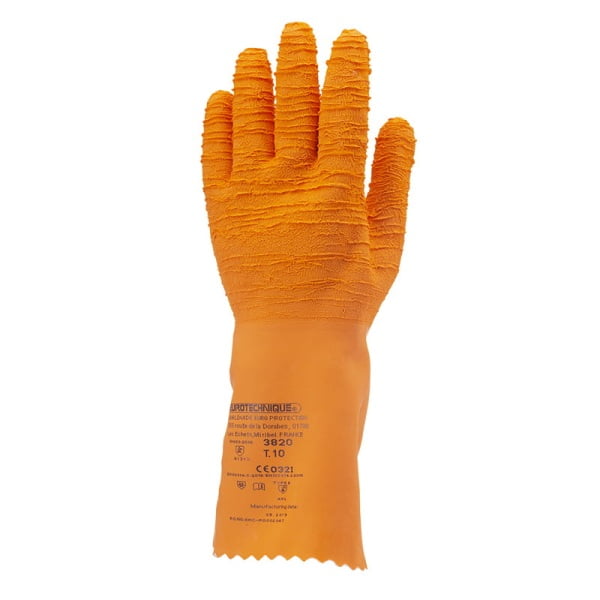 Manusi de protectie chimica, din latex, portocaliu, EUROCHEM L3820, 34 cm,  imersate suplimentar pe palma pentru aderenta mai buna, protectie impotriva microorganismelor, Coverguard