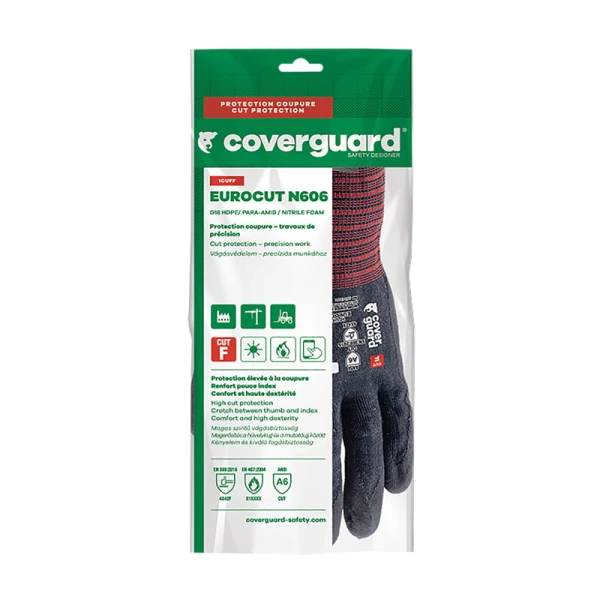 Manusi de protectie cu rezistenta la taiere F, protectie la temperatura 100°C pentru 15 sec, EUROCUT N606, negre, imersie spuma de nitril, aderenta in mediu uscat, usor uleios, subtiri, flexibile, compatibile cu dispozitive touchscreen