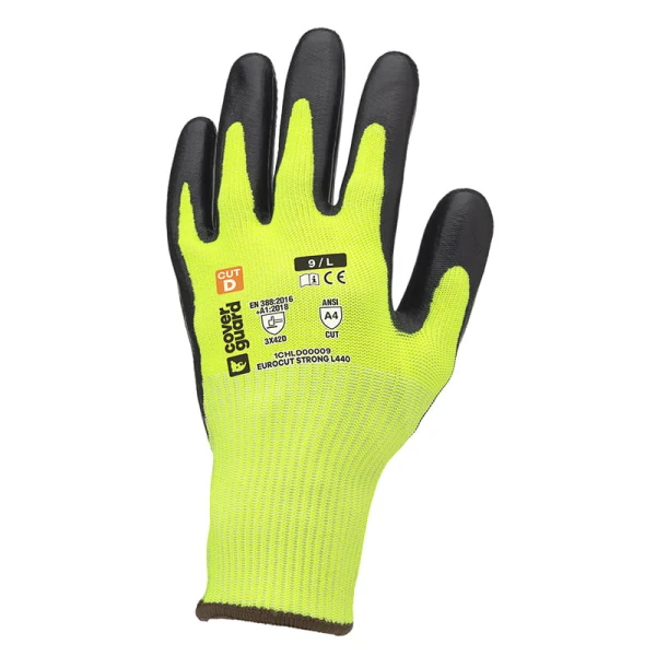 Manusi de protectie Hi-VIZ, cu rezistenta la taiere D, Eurocut Strong L440, galben fluorescent, imersie de latex, aderenta in mediu uscat, umed, flexibile, forma ergonomica