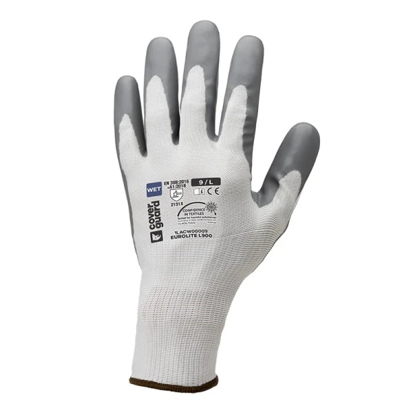 Manusi de protectie imersate in latex pe palma, EUROLITE L900, alb-gri, aderenta ridicata in conditii umede/uscate, rezistenta termica 250°C pentru 15 sec, certificate pentru industria alimentara, Oeko-Tex 100