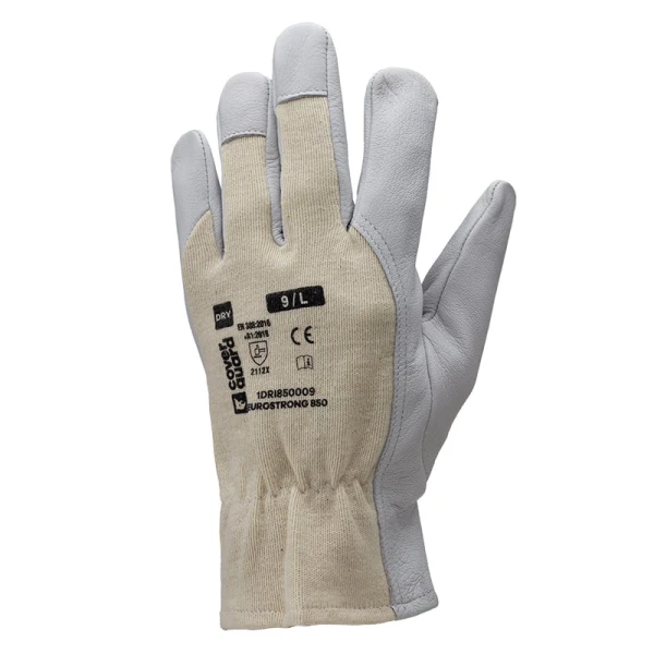 Mănuși de protectie din piele moale de capra, Eurostrong 850, albe, dosul palmei din bumbac, confortabile, cu aderenta crescuta, Coverguard