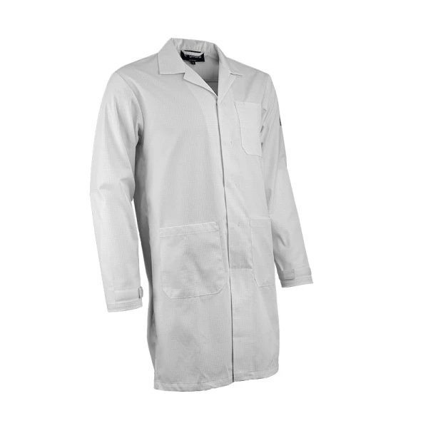 Halat ESD, Taranis, alb, 65% poliester, 33% bumbac, 2% fibre antistatice - 195 g/m², capse ascunse, 3 buzunare, Coverguard