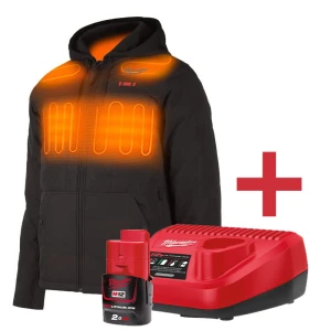 Pachet promo - Geaca de lucru Incalzita Milwaukee PUFFER, Neagra M12HPJBL2 + Set acumulator + incarcator pentru haine incalzite Milwaukee M12
