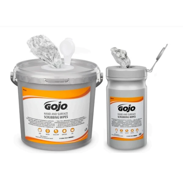 Lavete umede abrazive GOJO® Scrubbing Wipes, pentru curatarea mainilor si suprafetelor acoperite cu vaselina, ulei, vopsea, silicon si murdarie dificila, galetusa cu 70 de lavete impregnate, dimensiune laveta  300 x 250mm