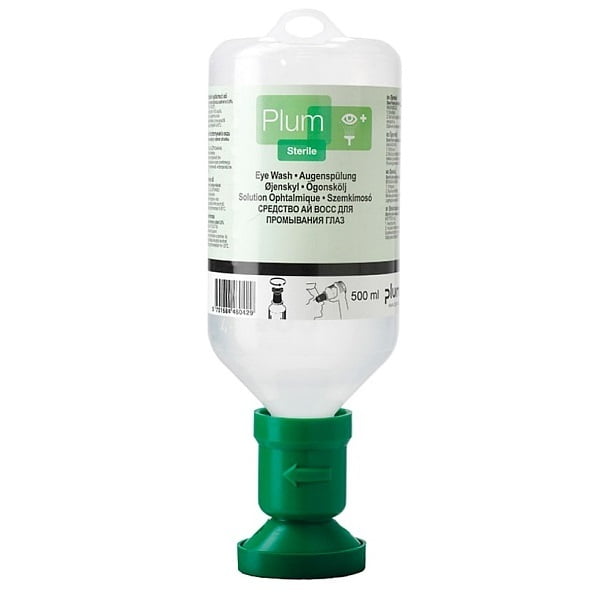 Solutie sterila pentru clatirea ochilor PLUM 4604, 500 ml, contine 0.9% apa salina sterila, pentru interventie rapida, de urgenta