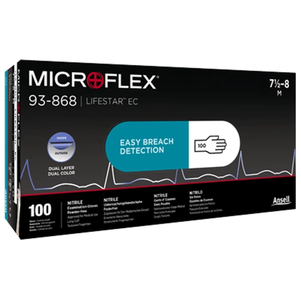 Manusi din nitril, 2 straturi contrastante, AQL 0.65, nepudrate, 100 manusi / cutie, lungime 280 mm, grosime 0.15 mm palma / 0.22 mm degete, degete texturate,  MICROFLEX® LifeStar EC™ 93-868