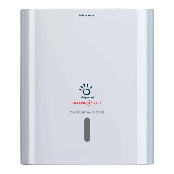 Dispenser Antibacterial DEFEND TECH, Papernet 416148, pentru prosoape de hartie pliate Z/W, alb, dimensiuni 33.6 x 10.8 x 29 cm
