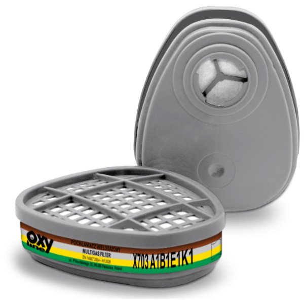 Filtru X703 ABEK1 cu prindere tip baioneta, compatibil cu masti Oxyline X6,X8, 3M 6100, 3M 6200, 3M 6300,3M6800(2 buc/set)