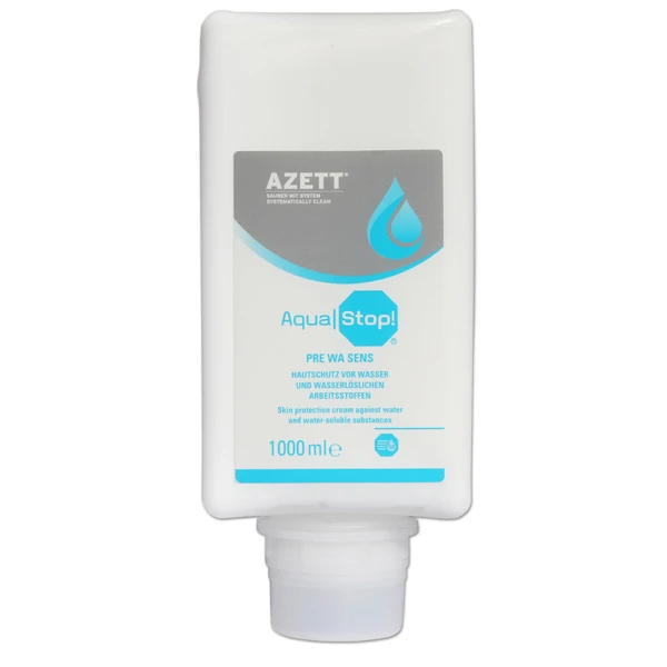 Cremă de protecție înainte de lucru AZETT AQUA STOP, pentru mâinile care intră în contact cu soluții pe bază de apă, rezerva 1000ml, pentru dispenserul GJ4500 Cremă de protecție înainte de lucru AZETT AQUA, STOP, pentru mâinile care intră în contact cu soluții pe bază de apă, rezerva 1000ml, pentru dispenserul GJ4500