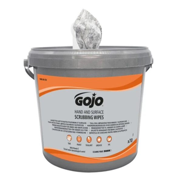 Lavete umede abrazive GOJO® Scrubbing Wipes, pentru curatarea mainilor si suprafetelor acoperite cu vaselina, ulei, vopsea, silicon si murdarie dificila, galetusa cu 70 de lavete impregnate, dimensiune laveta  300 x 250mm