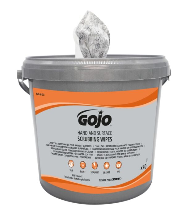 Lavete umede abrazive GOJO® Scrubbing Wipes, pentru curatarea mainilor si suprafetelor acoperite cu vaselina, ulei, vopsea, silicon si murdarie dificila, galetusa cu 70 de lavete impregnate, dimensiune laveta  300 x 250mm