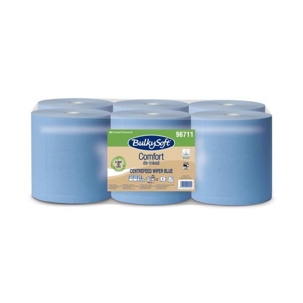 Rola hartie albastra derulare centrala Bulkysoft 96711, 2 straturi, 362 portii/rola, 145 m, 6 role/bax, certificata Food Contact pentru industria alimentara si Ecolabel
