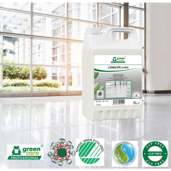 Emulsie ecologica de protectie a pardoselilor, LONGLIFE Polish, tratament pentru pardoseli, 5L, anti-alunecare, antiderapant certificat conform DIN 18032-2, Ecolabel Austria, Nordic Swan, CLP free