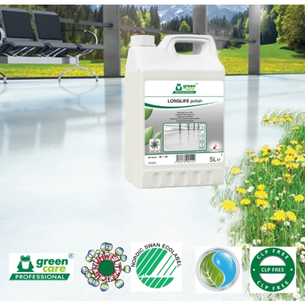 Emulsie ecologica de protectie a pardoselilor, LONGLIFE Polish, tratament pentru pardoseli, 5L, anti-alunecare, antiderapant certificat conform DIN 18032-2, Ecolabel Austria, Nordic Swan, CLP free