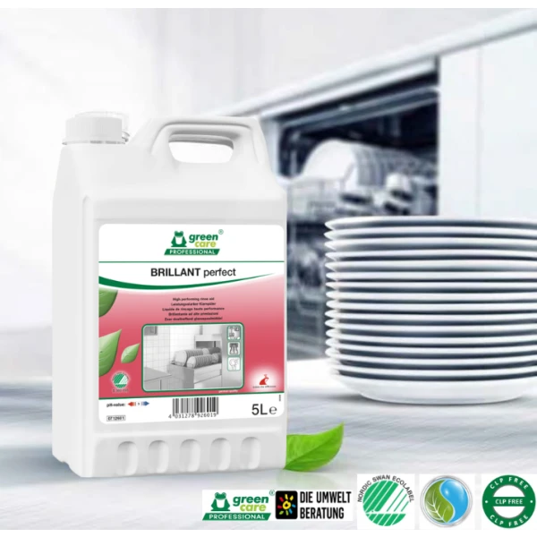 Aditiv de clatire ecologic concentrat, BRILLANT Perfect, 5L, pentru masina de spalat vase profesionala, adecvat pentru apa cu duritate mica (apa moale), medie sau mare (apa dura), certificat Nordic Swan, CLP Free, Biodegradabil complet