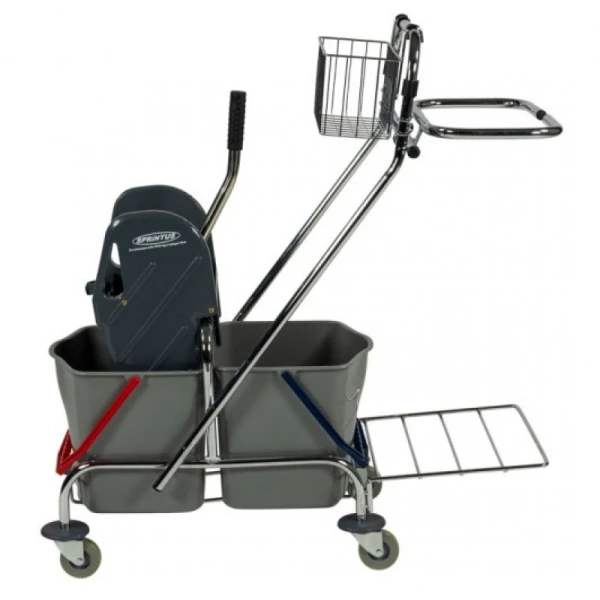 Carucior de curatenie cu cadru metalic, cromat si 2 galeti , 2x17L, cu suport sac, storcator mop, cos pentru detergenti si roti din cauciuc