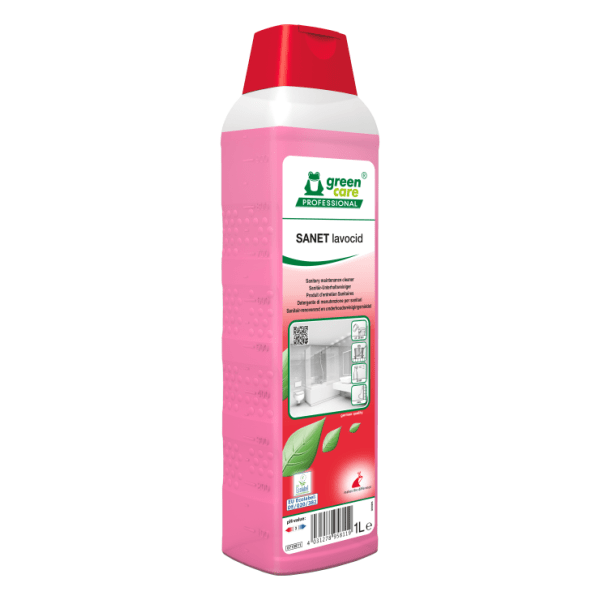 Detergent ECOLOGIC concentrat SANET Lavocid, Green Care, pentru spatii sanitare, bai si toalete, efect puternic de curatare a depunerilor de calcar, sapun, murdarie, 1l, certificat Ecolabel, CLP free, Complet Biodegradabil, Umweltzeichen, dilutie 0.5%