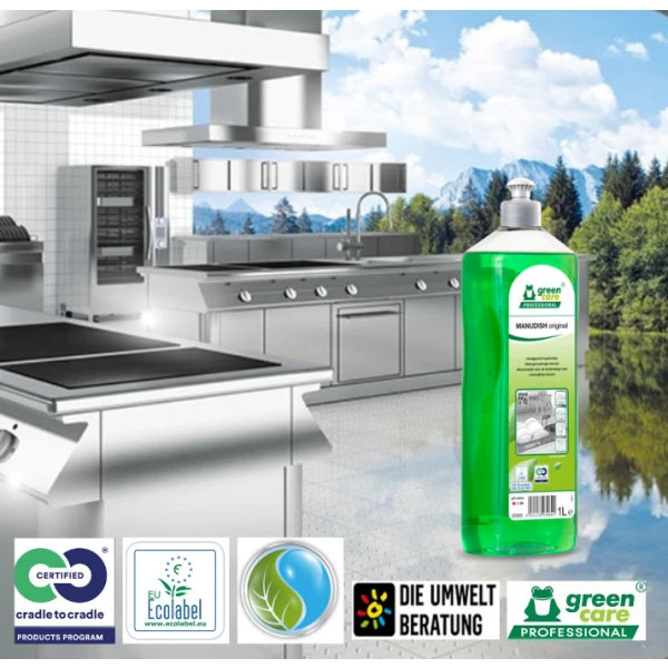 Detergent ecologic MANUDISH Original, Green Care, 1L, pentru spalarea manuala a vaselor Detergent ecologic MANUDISH Original, Green Care, 1L, pentru spalarea manuala a vaselor, compatibil cu pielea, testat dermatologic, certificat Ecolabel, Cradle-to-Cradle, Biodegradabil complet