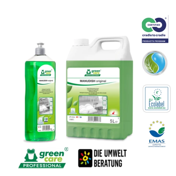 Detergent ecologic  MANUDISH Original, Green Care, 5L, pentru spalarea manuala a vaselor, compatibil cu pielea, testat dermatologic, certificat Ecolabel, Cradle-to-Cradle, Biodegradabil complet