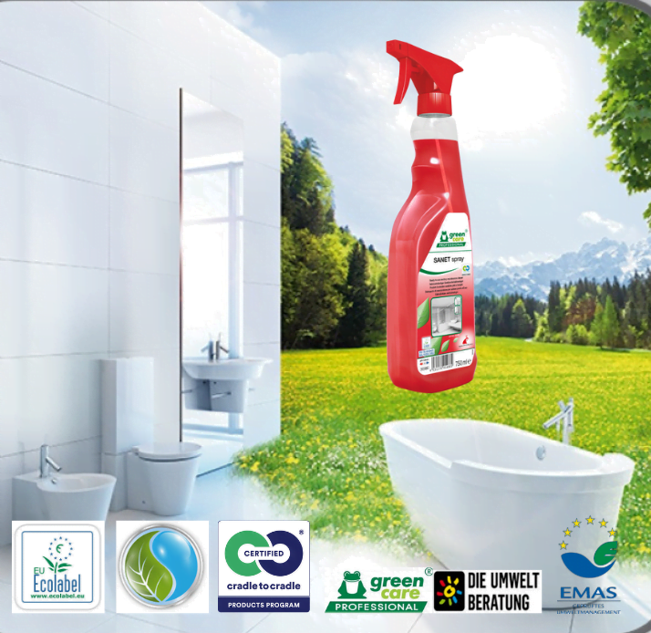 Detergent ecologic SANET Spray, Green Care, gata de utilizare, pentru spatii sanitare, bai si toalete 750ml, certificat Ecolabel, Cradle-to-Cradle, Biodegradabil