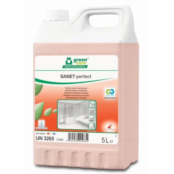 Detergent ecologic concentrat, SANET Perfect, Green Care, detartrant pentru spatii sanitare, bai, toalete, 5L, certificat Ecolabel, Cradle-to-Cradle, CLP Free, Biodegradabil complet