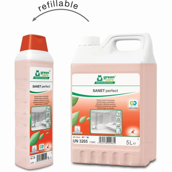 Detergent ecologic concentrat, SANET Perfect, Green Care, detartrant pentru spatii sanitare, bai, toalete, 5L, certificat Ecolabel, Cradle-to-Cradle, CLP Free, Biodegradabil complet
