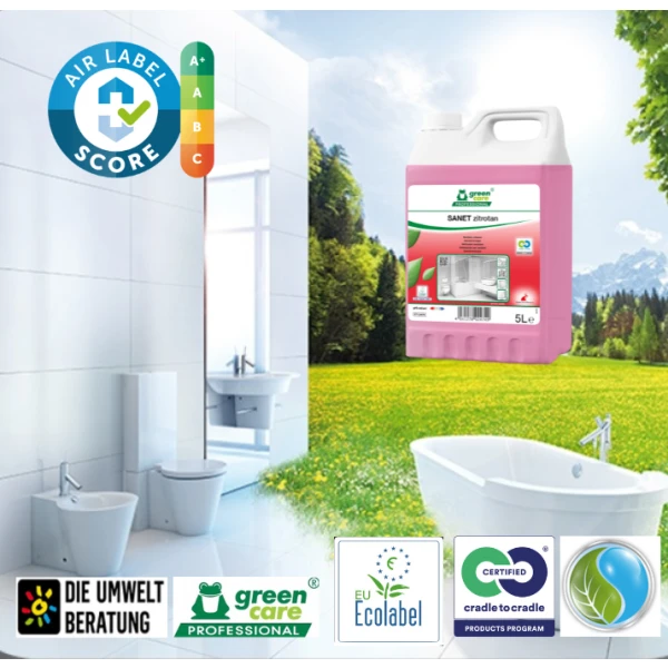 Detergent ecologic concentrat SANET zitrotan, Green Care, detartrant pentru spatii sanitare, bai, toalete, cu miros persistent, 5L, certificat A+ de catre Air Label Score, Ecolabel Detergent ecologic concentrat SANET zitrotan, Green Care, detartrant pentru spatii sanitare, bai, toalete, cu miros persistent, 5L, certificat A+ de catre Air Label Score, Ecolabel, Cradle-to-Cradle, CLP Free, Biodegradabil complet