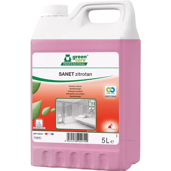 Detergent ecologic concentrat SANET zitrotan, Green Care, detartrant pentru spatii sanitare, bai, toalete, cu miros persistent, 5L, certificat A+ de catre Air Label Score, Ecolabel, Cradle-to-Cradle, CLP Free, Biodegradabil complet