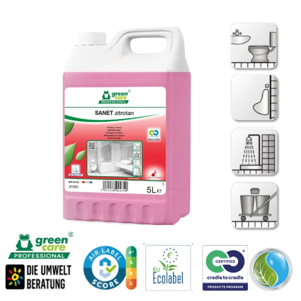 Detergent ecologic concentrat SANET zitrotan, Green Care, detartrant pentru spatii sanitare, bai, toalete, cu miros persistent, 5L, certificat A+ de catre Air Label Score, Ecolabel, Cradle-to-Cradle, CLP Free, Biodegradabil complet