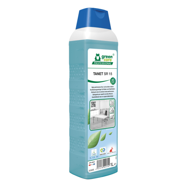 Detergent ecologic concentrat, TANET SR 15, Green Care,  pentru orice pardoseli si suprafete lavabile, din piatră, cauciuc, lemn lacuit, linoleum, PVC, PUR, plastic, sticlă, ceramică, metal, 1L, certificare Ecolabel, Nordic Swan, Cradle-to Cradle, Biodegradabil complet, Dilutie 0,5%